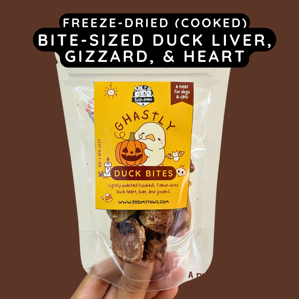 Halloween 2024: Ghastly Duck Bites (Duck Liver, Gizzard and Heart), a cooked freeze-dried treat for Dogs & Cats