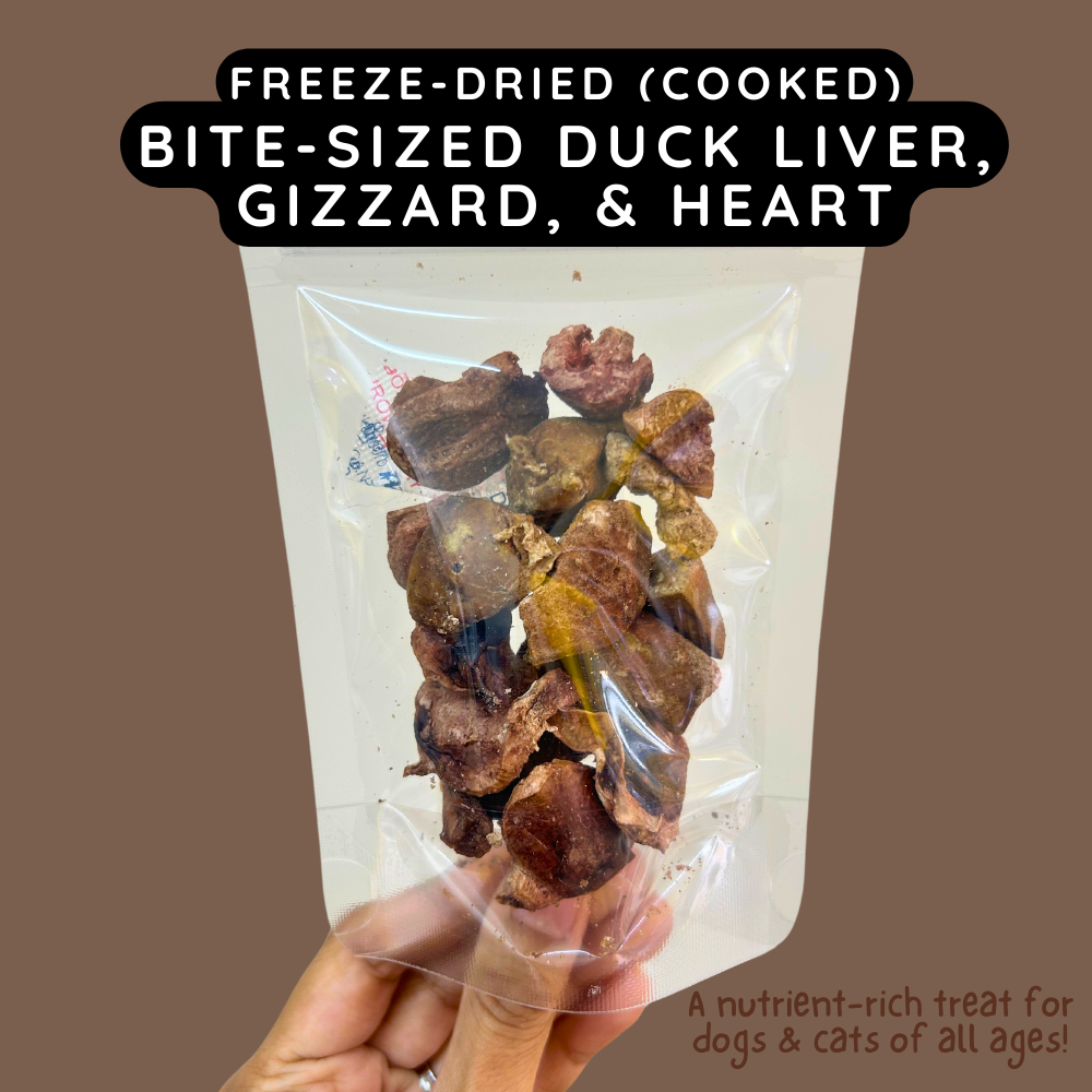 Halloween 2024: Ghastly Duck Bites (Duck Liver, Gizzard and Heart), a cooked freeze-dried treat for Dogs & Cats